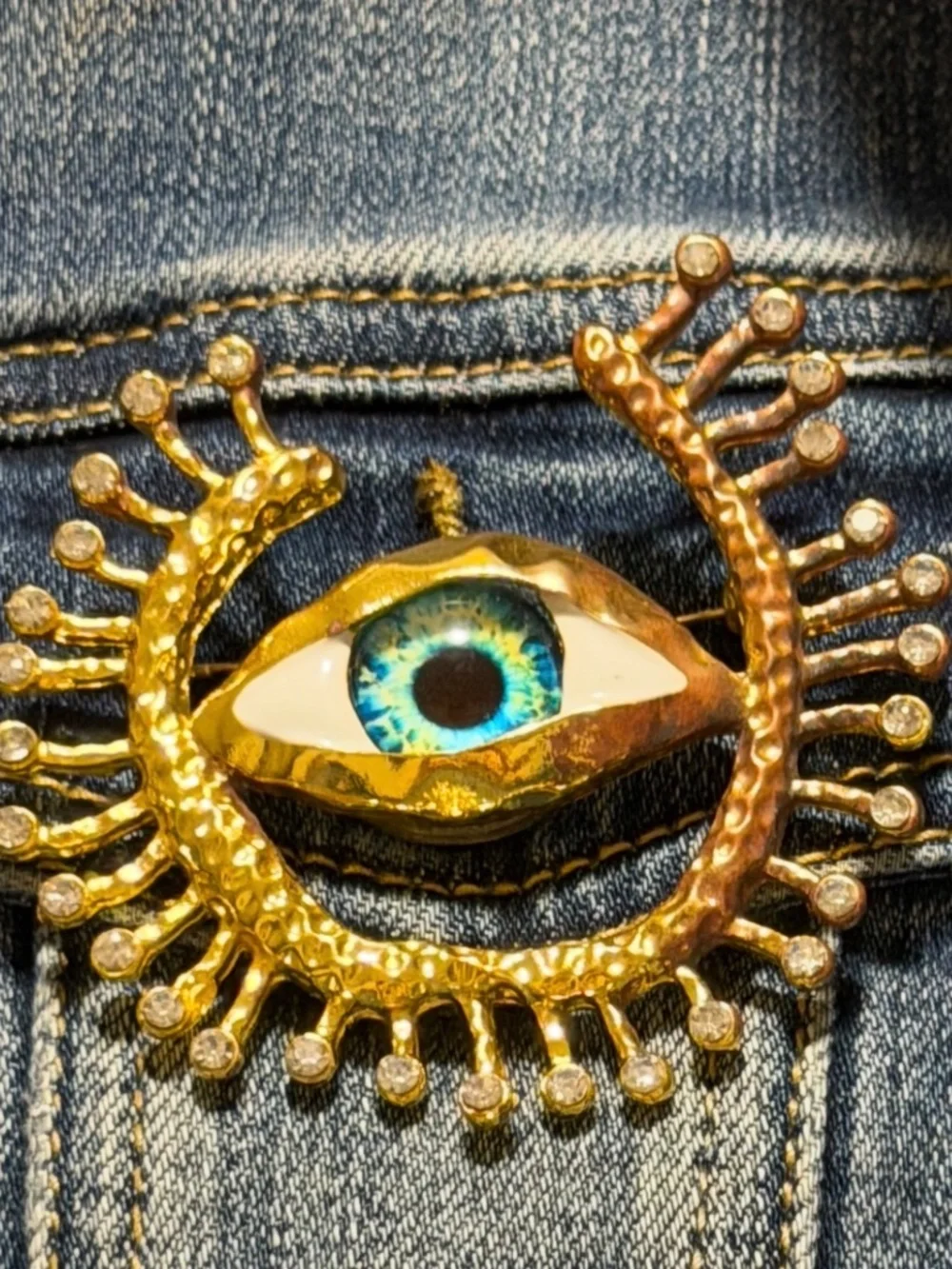 Gold Tone Blue Evil Eye Brooch Jewelry Pin Rhinestone Sunburst jacket hat dress